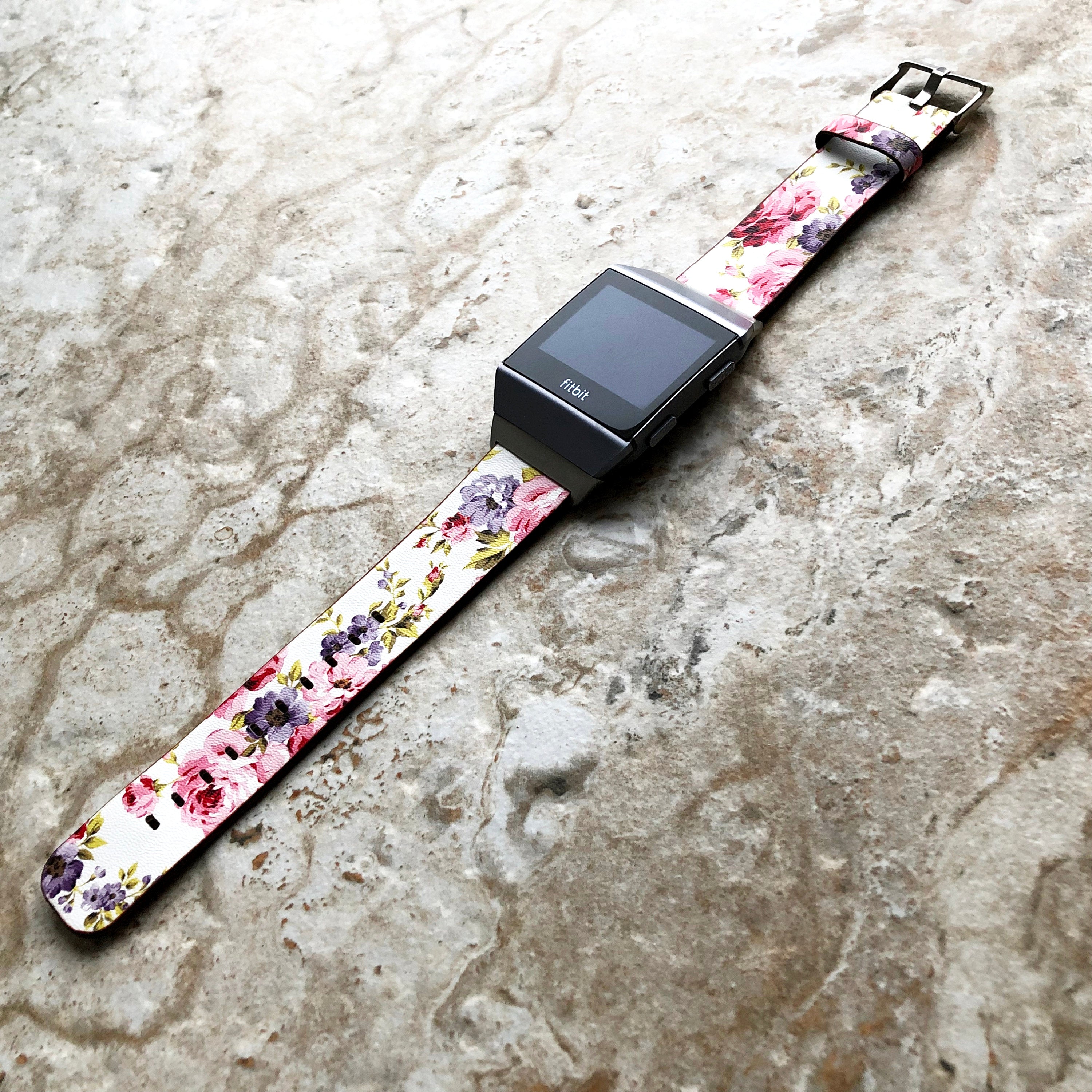 Fitbit Ionic Red Floral FL-3 Soft Leather Band Strap for Watch Band Strap with Quick Release Adapters in Silver Rose Gold Black